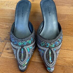 Amanda Smith Green and White Pointed Toe Mules with Iridescent Sequins